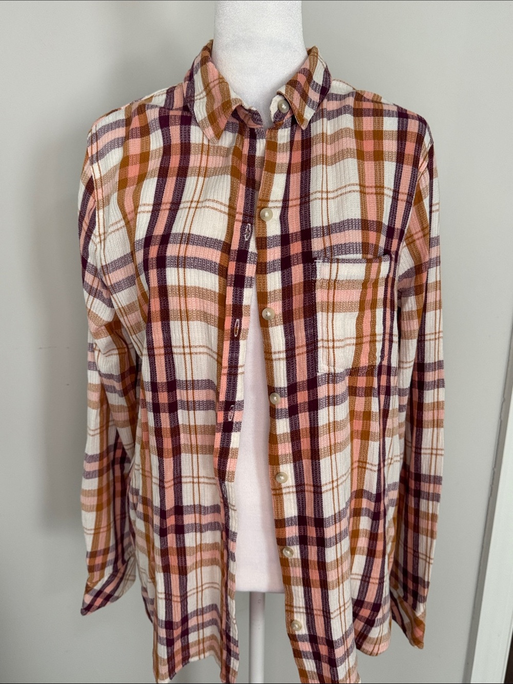 Sonoma Plaid Button-Down Shirt in Cream, Pink & Brown Tones